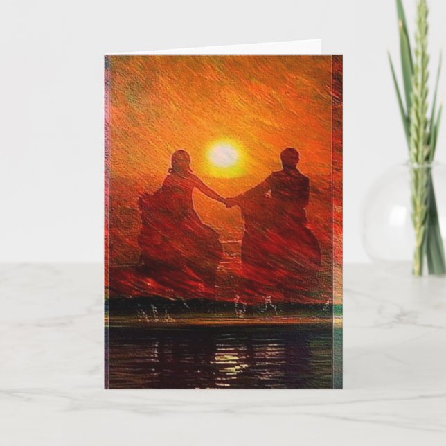 Romantic Couple ride into the sunset on horseback Holiday Card (Front)