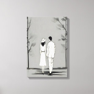 Romantic Couple Stroll Minimalist Line Art Canvas Print