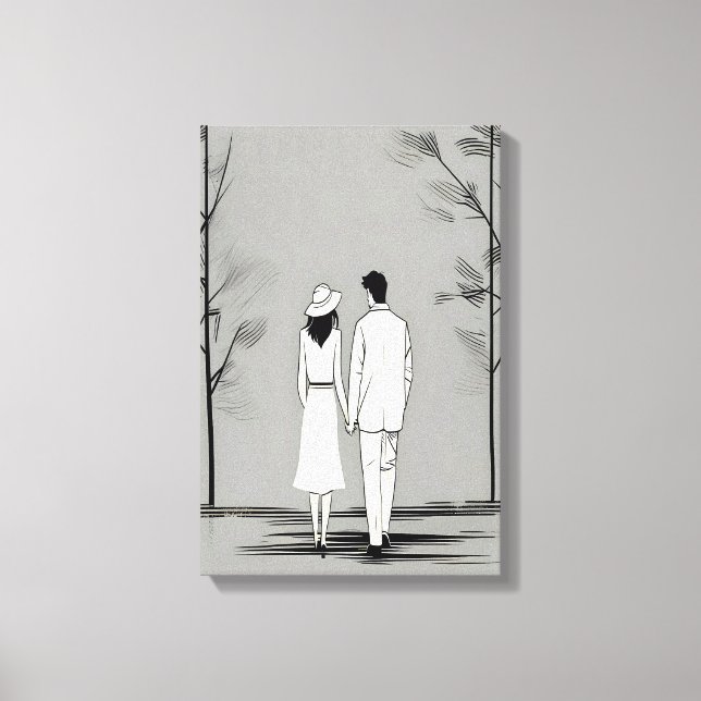 Romantic Couple Stroll Minimalist Line Art Canvas Print (Front)
