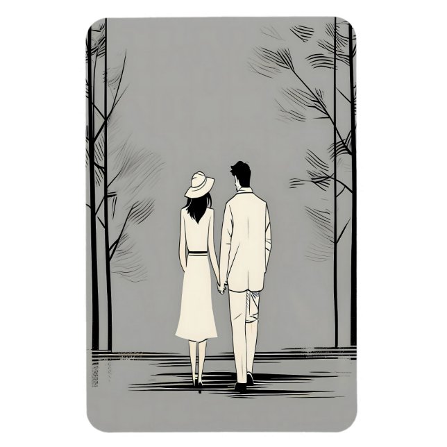 Romantic Couple Stroll Minimalist Line Art Magnet (Vertical)