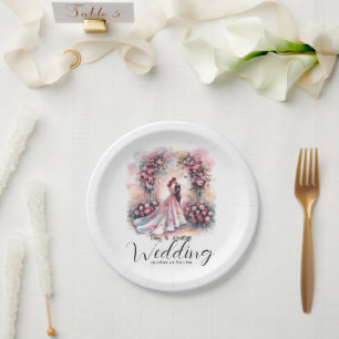 romantic couple under floral arch wedding paper plate