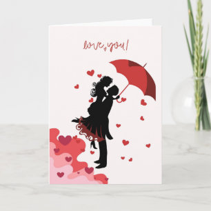 Romantic Couple Under Red Umbrella Love Card - Red