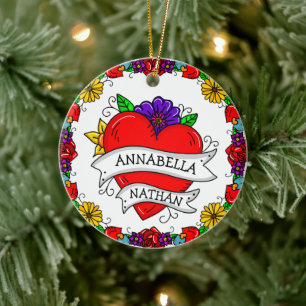 Romantic Couple's Gift Tattoo Style Art Ceramic Ornament