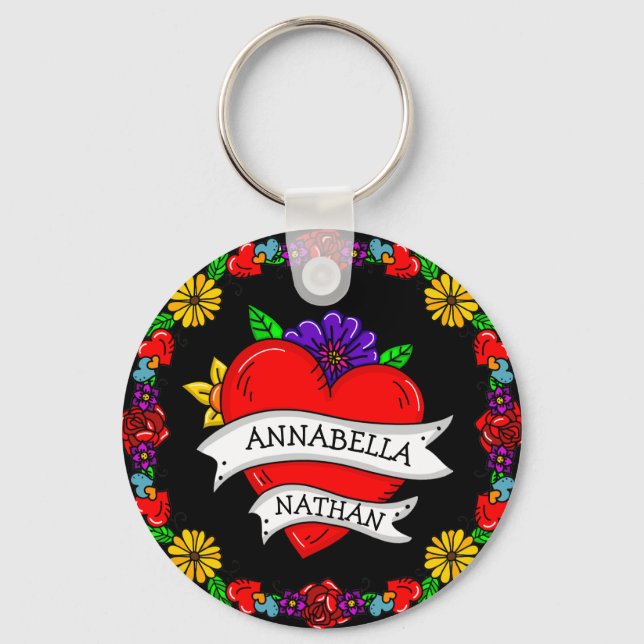 Romantic Couple's Gift | Tattoo Style Art      Keychain (Front)