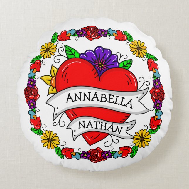 Romantic Couple's Gift | Tattoo Style Art   Round Pillow (Front)