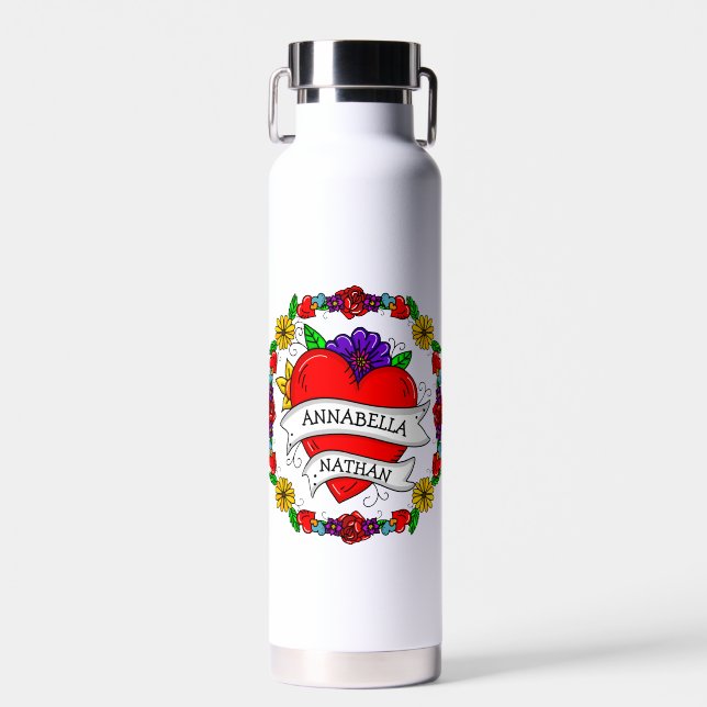 Romantic Couple's Gift | Tattoo Style Art  Water Bottle (Front)