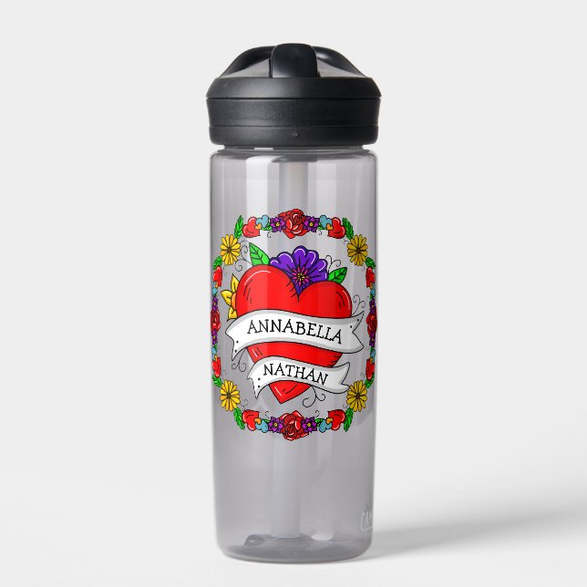 Romantic Couple's Gift | Tattoo Style Art    Water Bottle (Front)