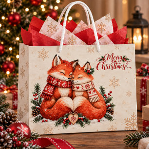 Romantic Cozy Fox Couple Scandinavian Christmas Large Gift Bag
