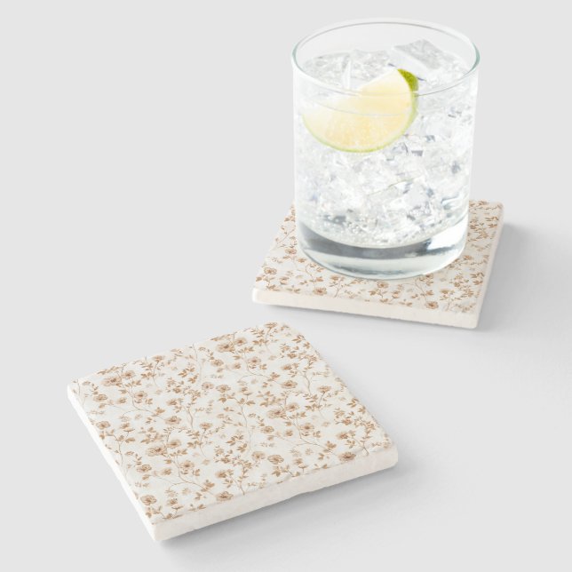 Romantic Cream Brown Floral  Stone Coaster (Side)