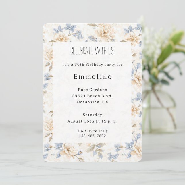 Romantic Cream Floral Blue Leaves Birthday Invitation (Standing Front)