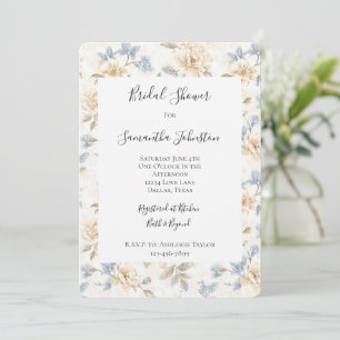 Romantic Cream Floral Blue Leaves Bridal Shower Invitation