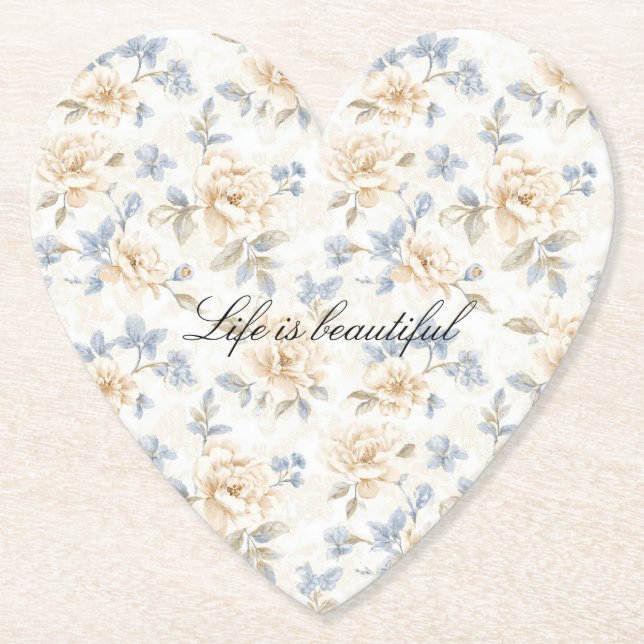 Romantic Cream Floral Blue Leaves Paper Coaster (Front)