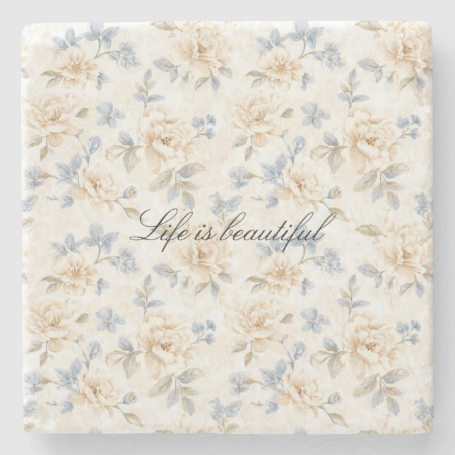 Romantic Cream Floral Blue Leaves Stone Coaster (Front)