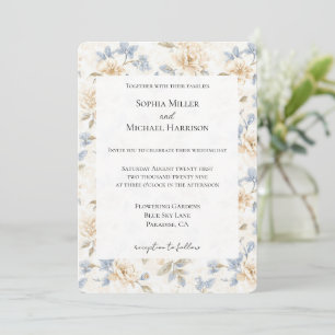 Romantic Cream Floral Blue Leaves Wedding Invitation