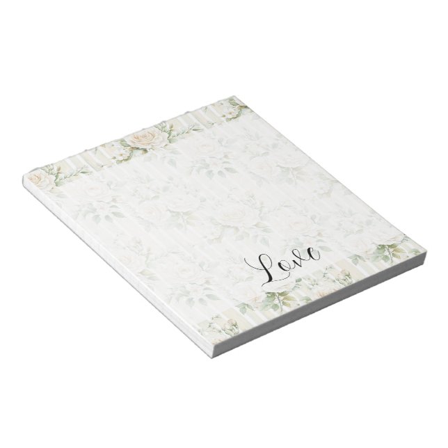 Romantic Cream Floral Stripes Green Leaves Notepad (Angled)
