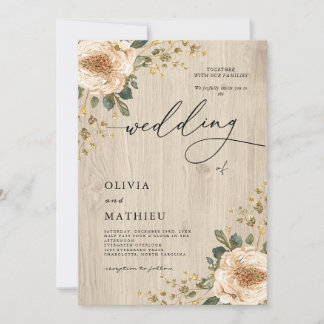 Romantic Cream Floral Wood Wedding Invitation