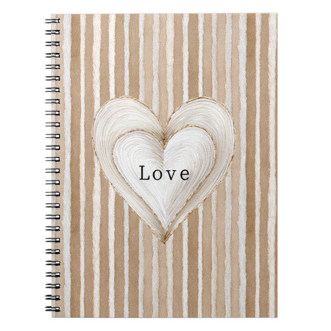 Romantic Cream Heart Brown Stripes Love Notebook (Front)