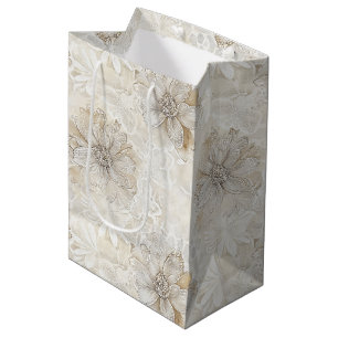 Romantic Cream Lace Rose Floral Wedding Medium Gift Bag