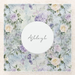 Romantic Cream purple flowers Bridal Shower Glass Coaster