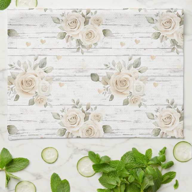 Romantic Cream White Floral Boho Bridal Shower  Kitchen Towel (Folded)