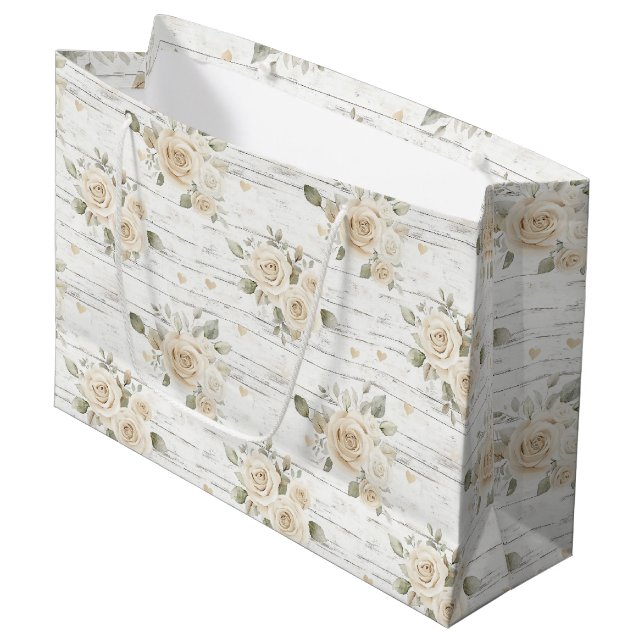 Romantic Cream White Floral Boho Bridal Shower  Large Gift Bag (Front Angled)