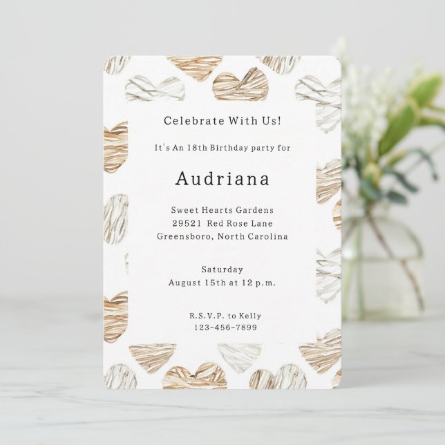 Romantic Cream White Hearts Birthday Invitation (Standing Front)
