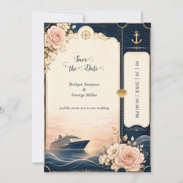 Romantic Cruise Wedding Voyage Rose Luxe Invitation (Front)