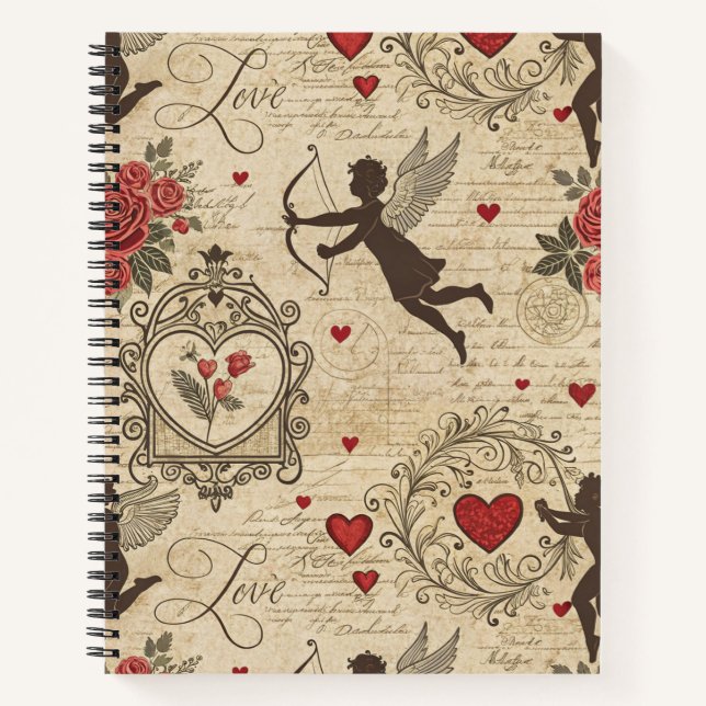 Romantic Cupid Victorian Calligraphy Valentine Notebook (Front)