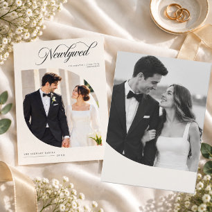 Romantic Curved Two Photo Newlywed Christmas  Holiday Card
