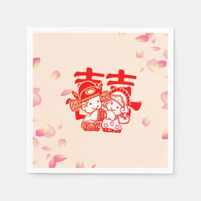 Romantic Cute Couple Double Happiness Wedding Napkin (Front)