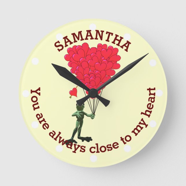 Romantic cute frog and red heart personalized round clock (Front)