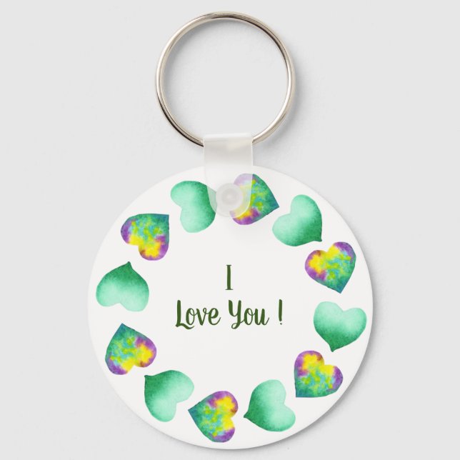 Romantic Cute Watercolor Green Valentine's Day   Keychain (Front)