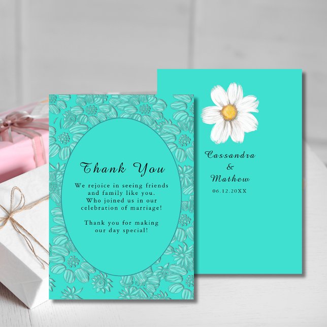 Romantic Daisies Floral Turquoise Wedding Thank You Card (Blush Pink Rose Floral Watercolor Wedding Thank You Card)