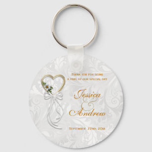 Romantic Daisy, Gold Heart & White Ribbon Keychain