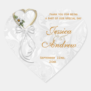 Romantic Daisy, Gold Heart & White Ribbon Sticker