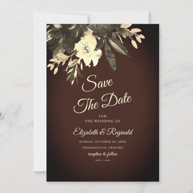 Romantic Dark Brown Fall Floral Save The Date (Front)
