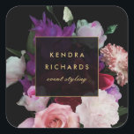 Romantic Dark Florals Square Sticker<br><div class="desc">Coordinates with the Romantic Dark Florals Business Card Template by 1201AM. A rich, dark watercolor illustration of romantic roses, peonies and tulips brings a dramatic style to this personalized sticker. Your name or business name is elegantly displayed in a faux gold text treatment in the centre. Illustration and design by...</div>