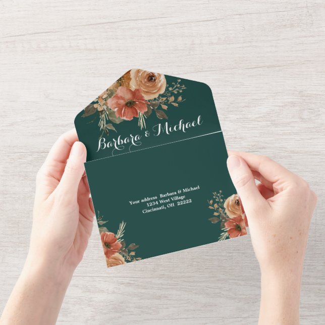 Romantic Dark Green Gold Floral  Wedding  All In One Invitation (Opening)