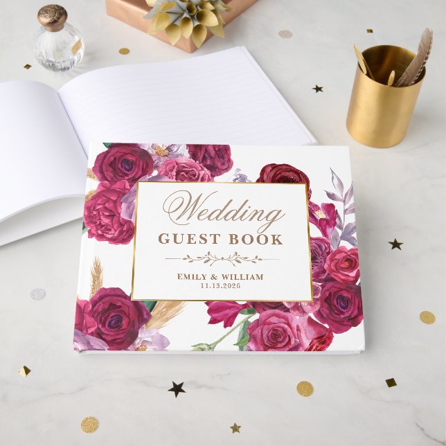 Romantic Dark Moody Burgundy Maroon Floral Wedding Guest Book (Front Open)