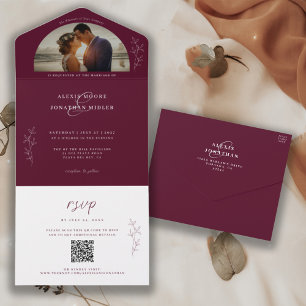 Romantic Dark & Moody Burgundy Wedding Photo All In One Invitation