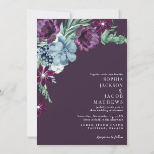 Romantic Dark Moody Purple Floral Wedding Invitation