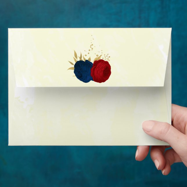 Romantic dark red & navy blue flowers gold envelope (Hand)