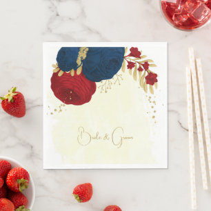 Romantic dark red & navy blue flowers gold napkin