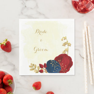 Romantic dark red & navy blue flowers gold napkin