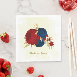 Romantic dark red & navy blue flowers gold napkin