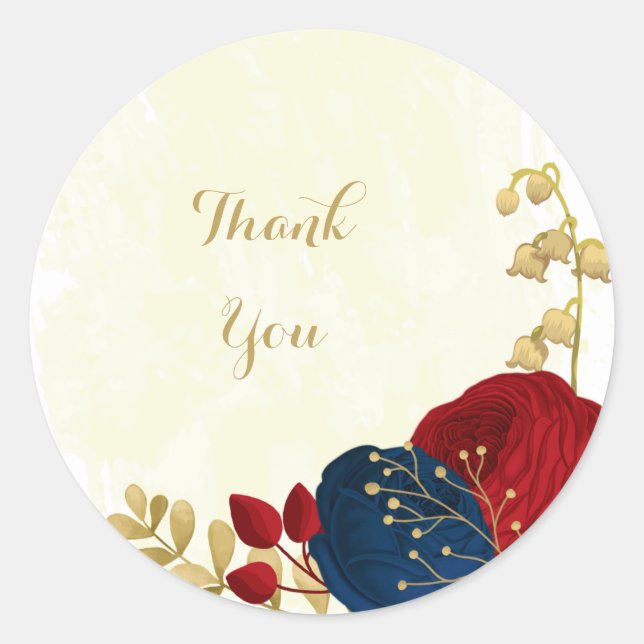 Romantic dark red & navy blue flowers gold wedding classic round sticker (Front)