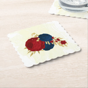 Romantic dark red & navy blue flowers gold wedding paper coaster