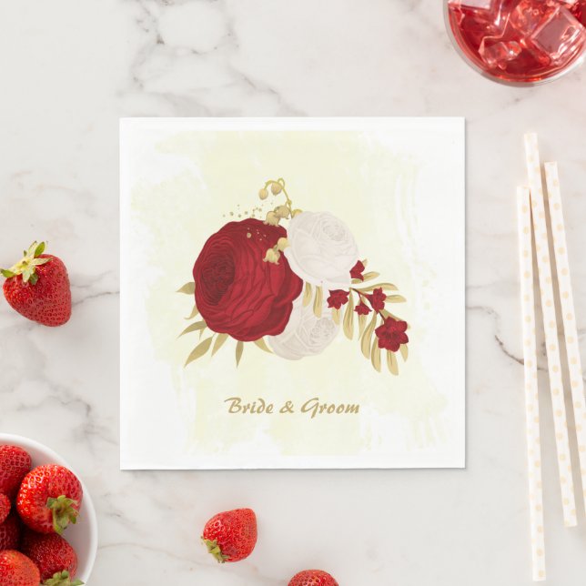 Romantic dark red & white flowers gold napkin (Insitu)