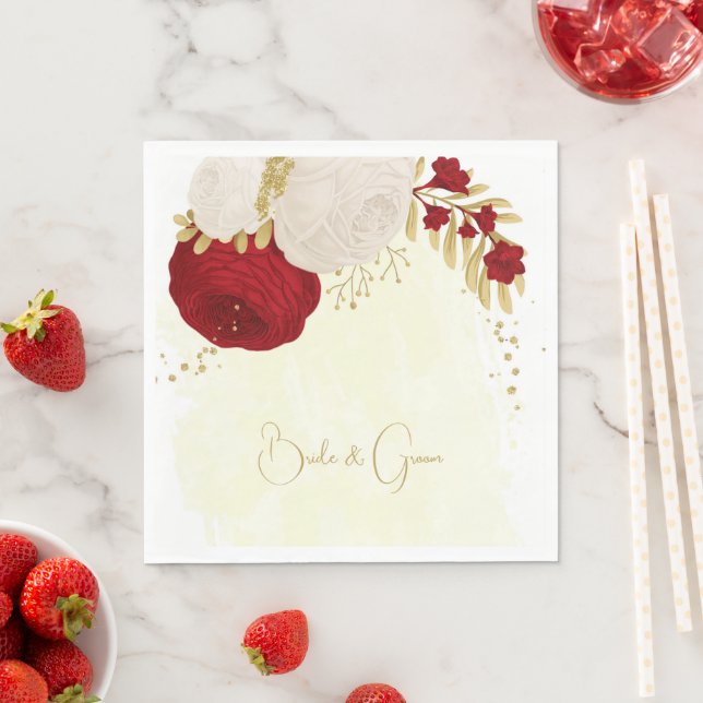 Romantic dark red & white flowers gold napkins (Insitu)