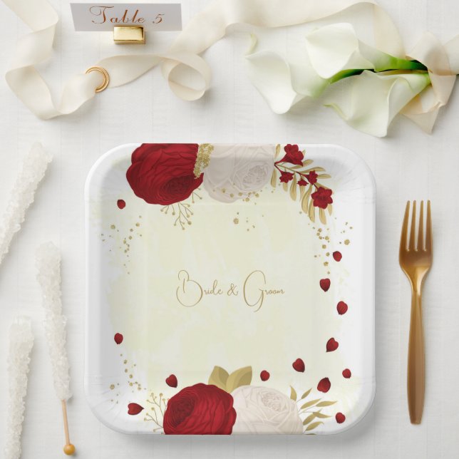 Romantic dark red & white flowers gold paper plate (Wedding)